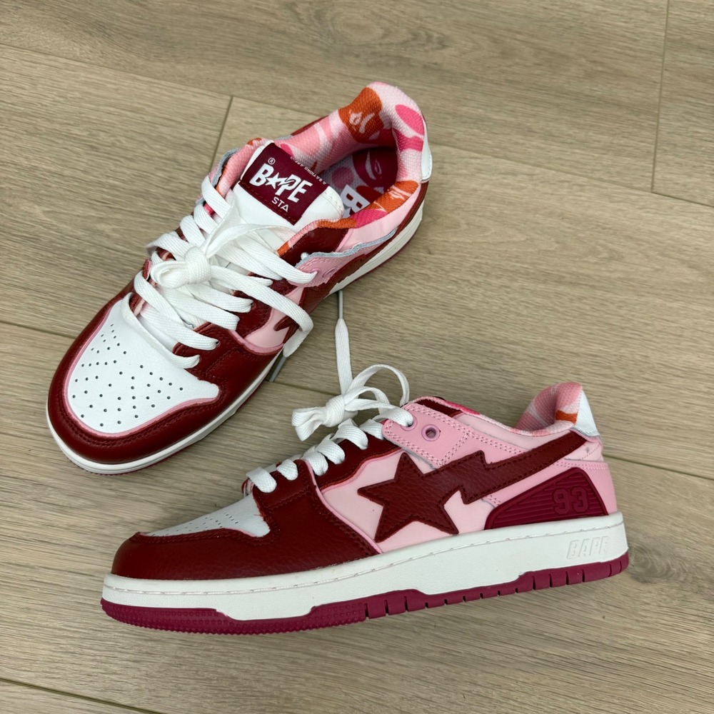 CC A Bathing Ape Bape Sta 93 Low Pink Burgundy Camo Leather Sneakers M 7 W 8.5